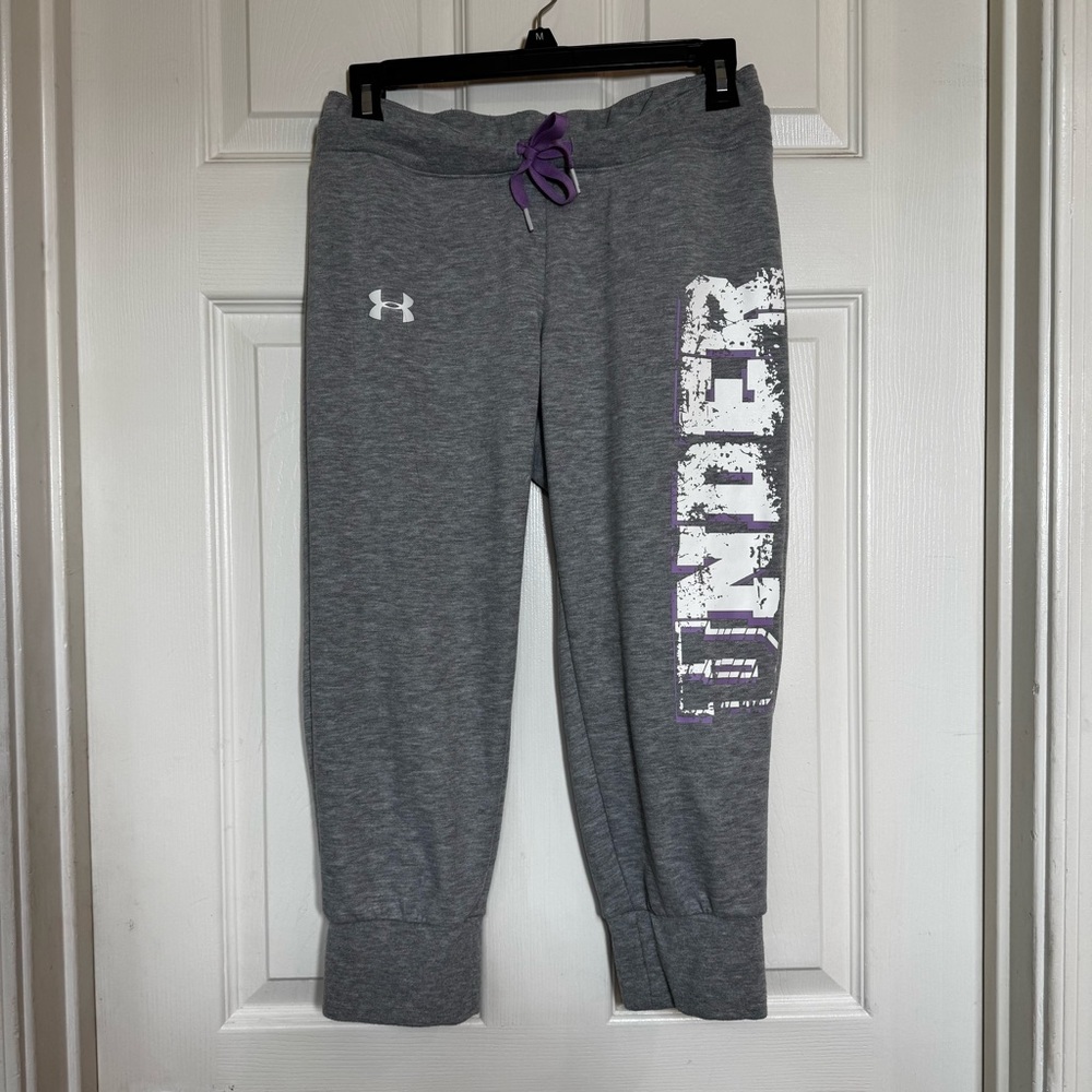 Under Armour Womens XS Gray Cropped Jogger Sweatpants Drawstring Gray Purple